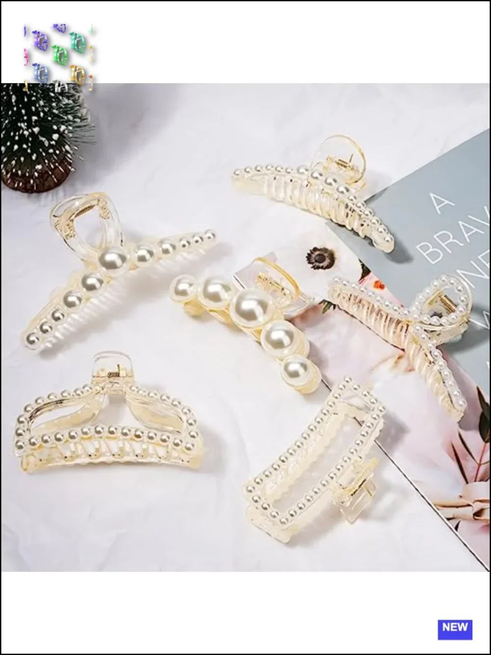 6 Large Pearl Hair Claw Clips for Thick, Curly or Long Hair, Non-Slip Jaw Clips